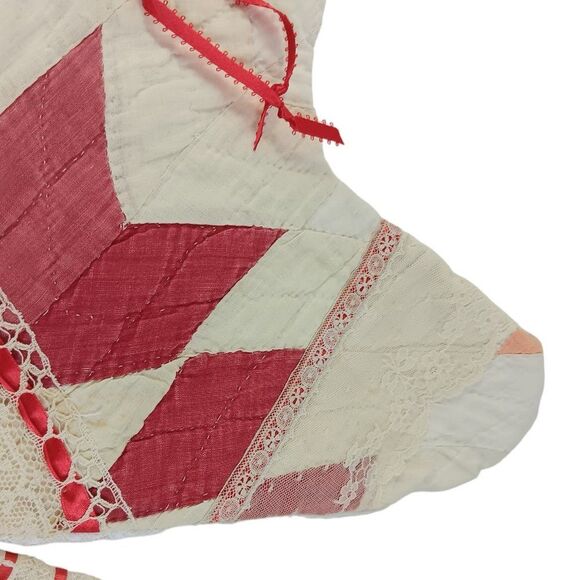 Christmas Stocking Set Vintage Quilt and Lace Two Red Cream Cottage Farmhouse - Picture 7 of 16